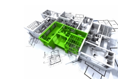 Apartment highlighted in green on a white architecture mockup on top of architect's plans